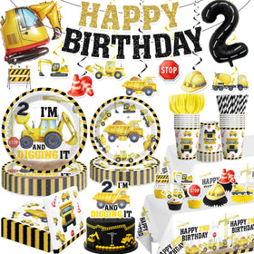 Xynic construction banner highlights the construction theme for a blockbuster 2nd birthday.