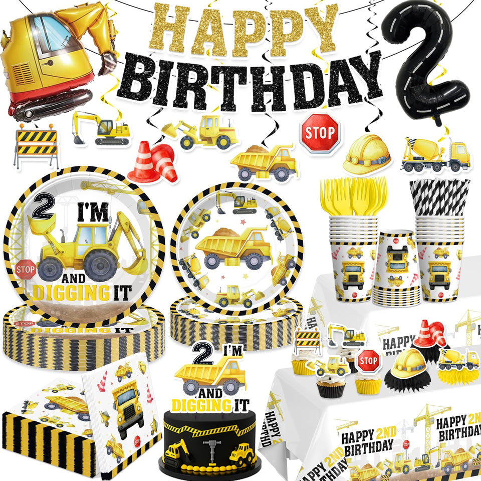 Xynic construction banner highlights the construction theme for a blockbuster 2nd birthday.