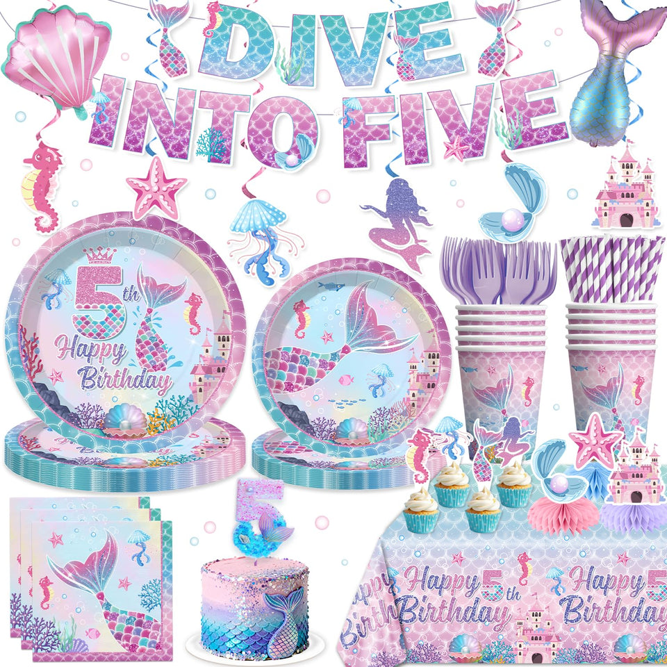 Xynic Dive into Five banner enhances mermaid-themed decor for a festive party.