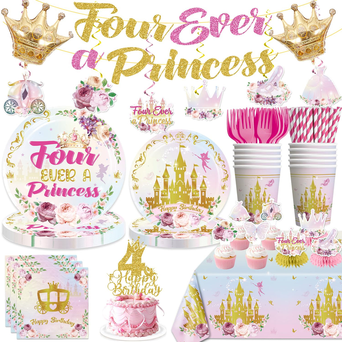 Xynic Four Ever Princess banner decor adds festive flair for a 4th birthday party.