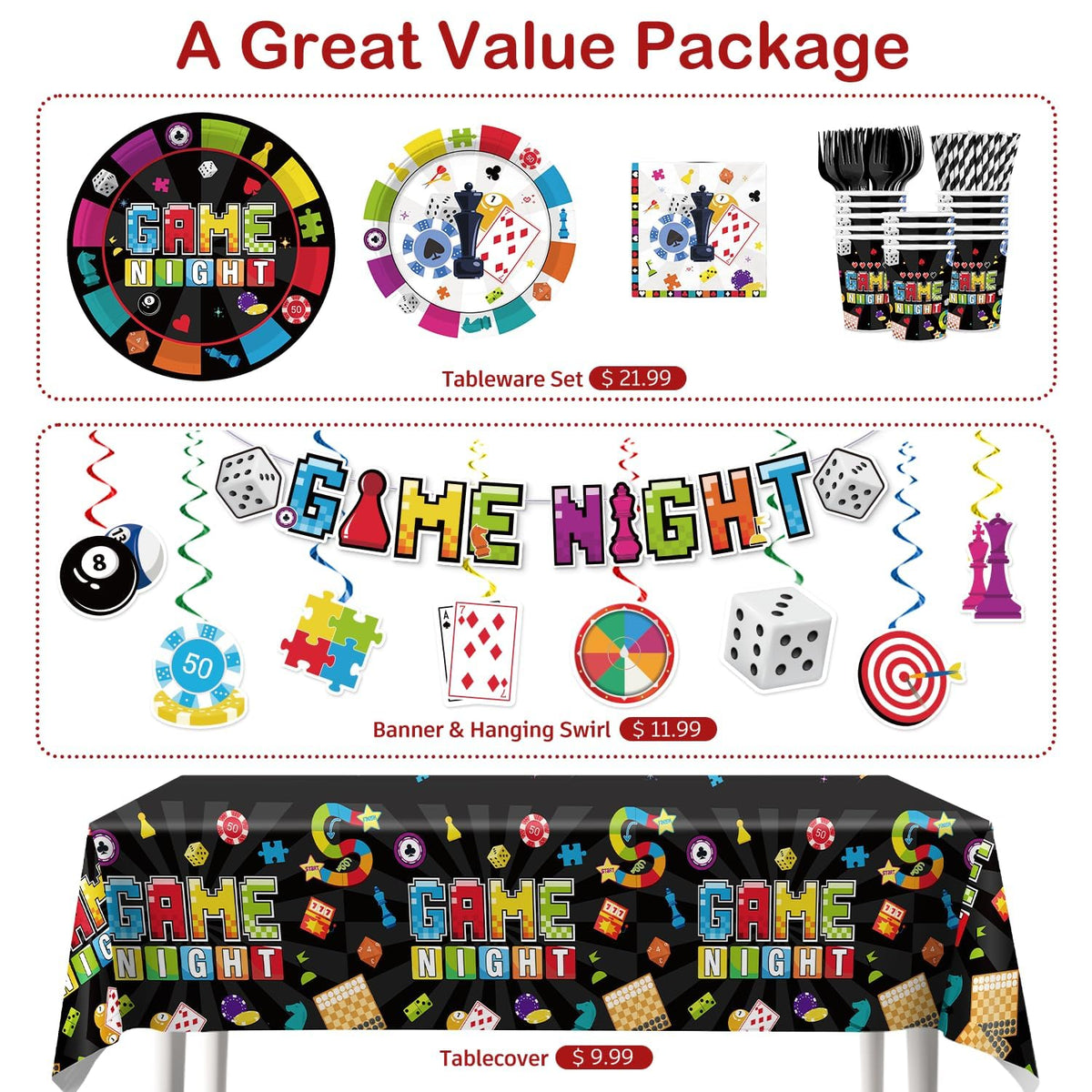 Xynic Game Night hanging swirls add motion and party vibes.