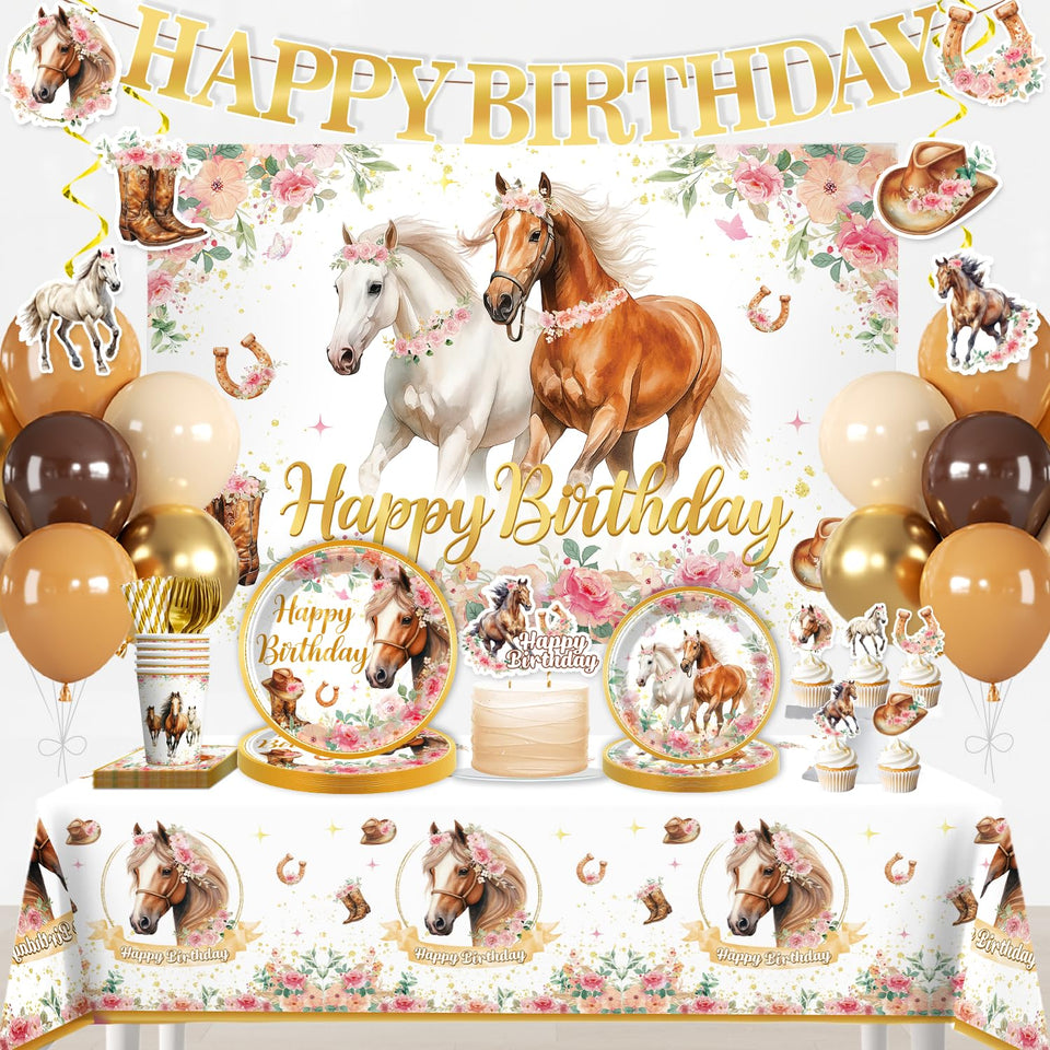 Xynic horse party banner adds festive cowgirl flavor to the setup.