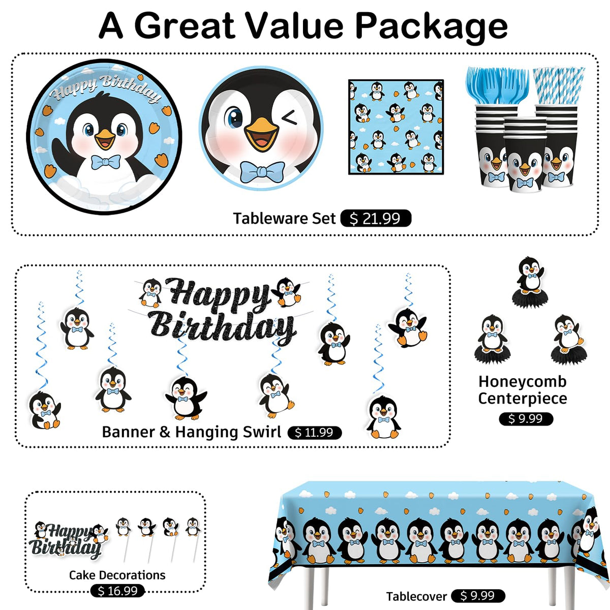 Xynic penguin tablecloths protect surfaces and brighten indoor or outdoor spaces.