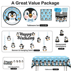 Xynic penguin tablecloths protect surfaces and brighten indoor or outdoor spaces.