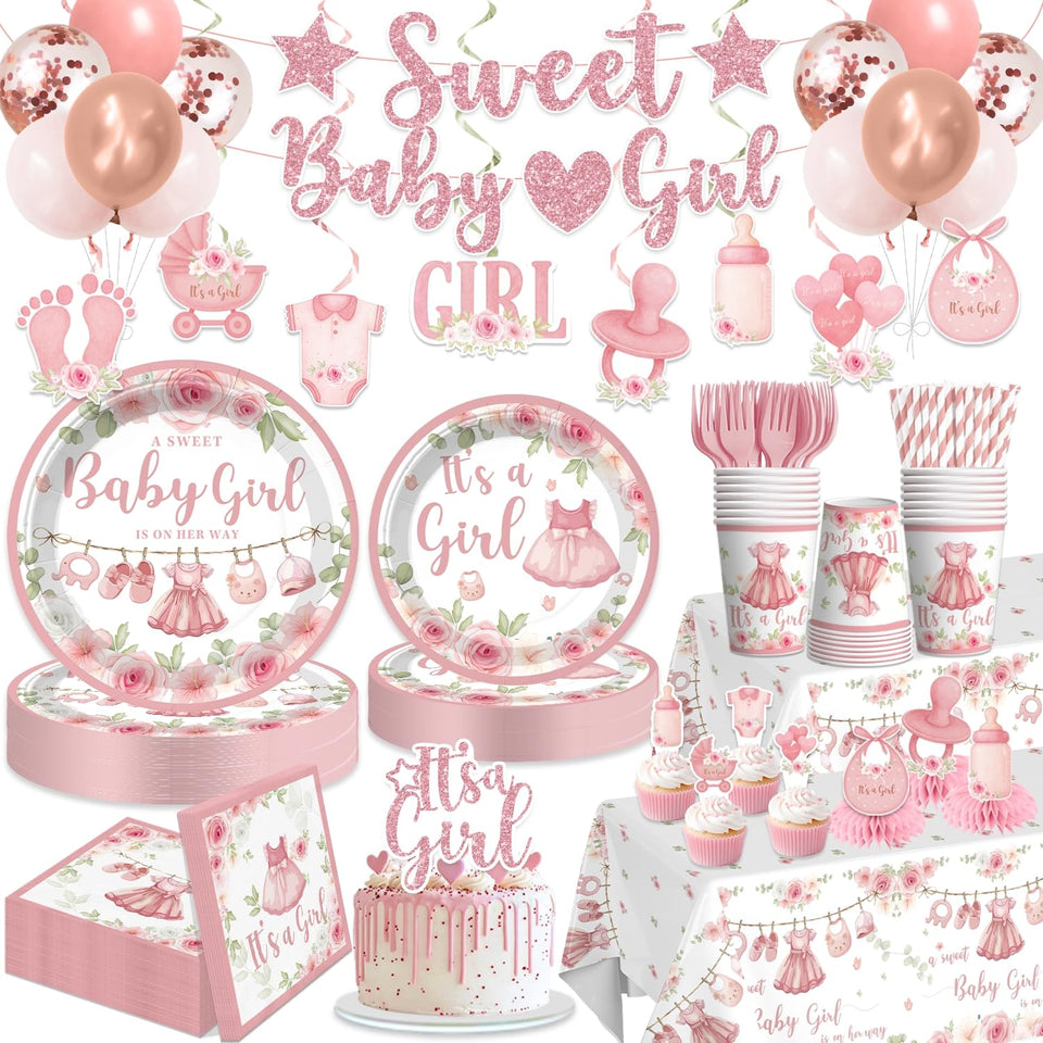 Xynic pink baby shower banner adds a coordinated girl theme to the party.