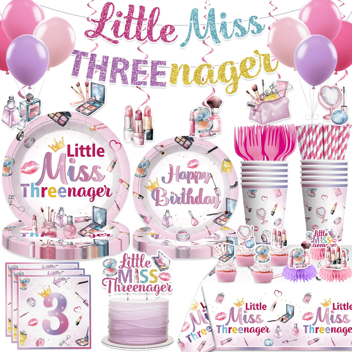 Xynic Threenager banner and cake decorations add festive flair for a 3rd birthday.