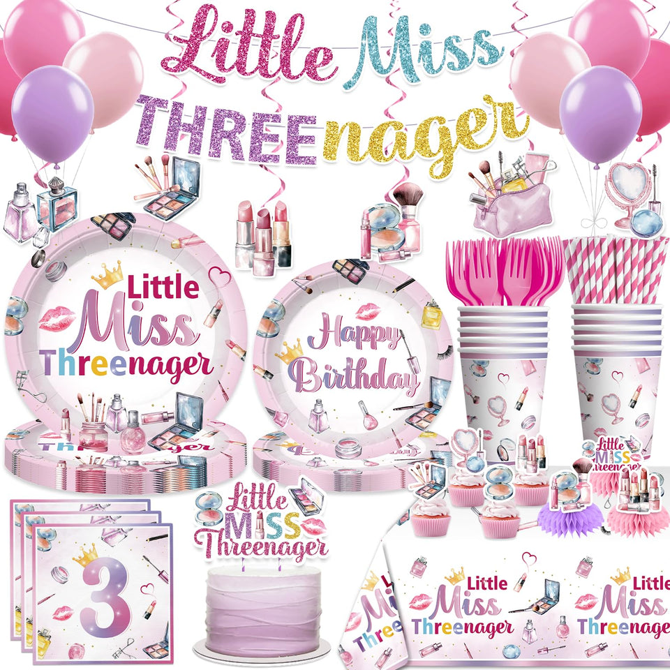 Xynic Threenager banner and cake decorations add festive flair for a 3rd birthday.