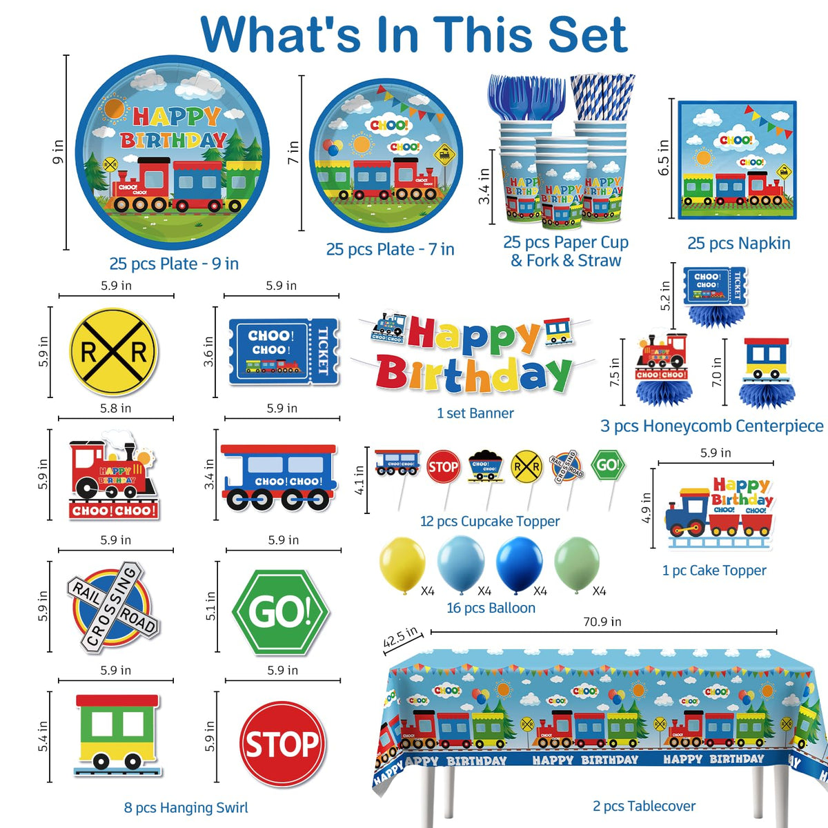 Xynic train balloons in green, yellow, and blue brighten the table and photos.