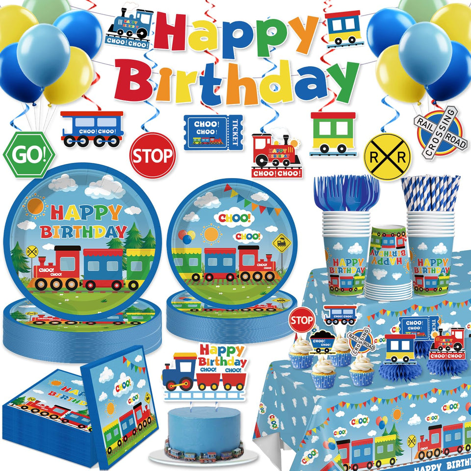 Xynic train birthday banner creates a vibrant photo backdrop for a festive party.