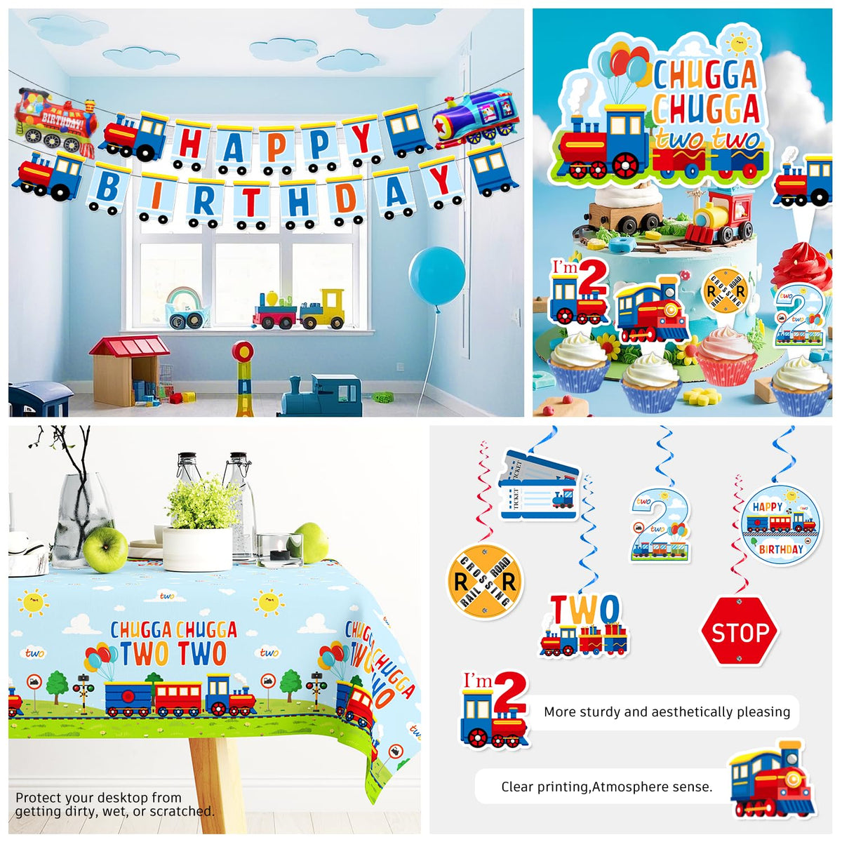 Xynic Train tablecloth ties the decor together and protects surfaces
