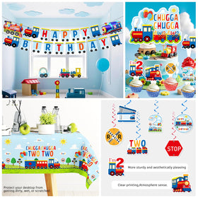 Xynic Train tablecloth ties the decor together and protects surfaces