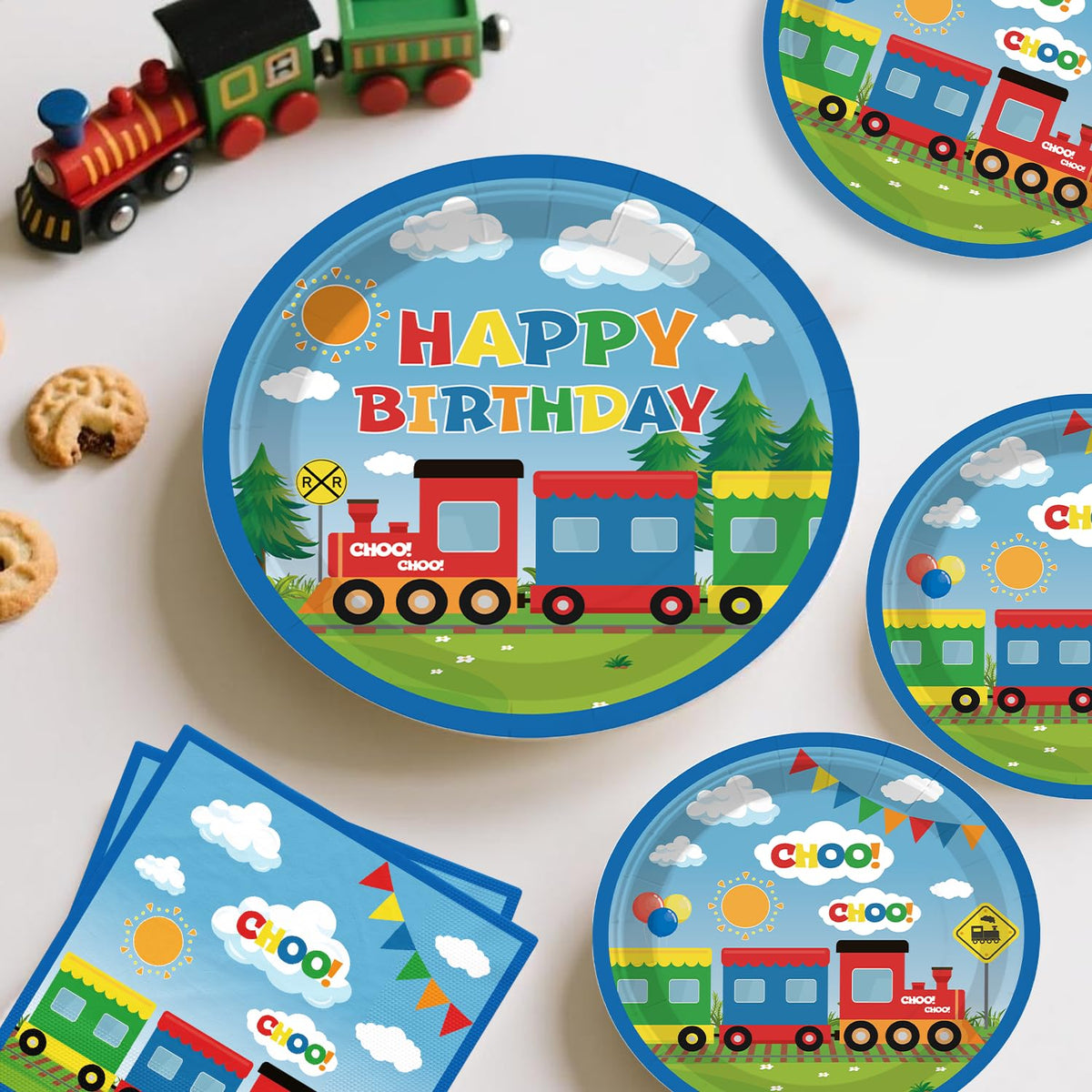 Xynic train tableware and napkins ensure quick cleanup after the celebration.