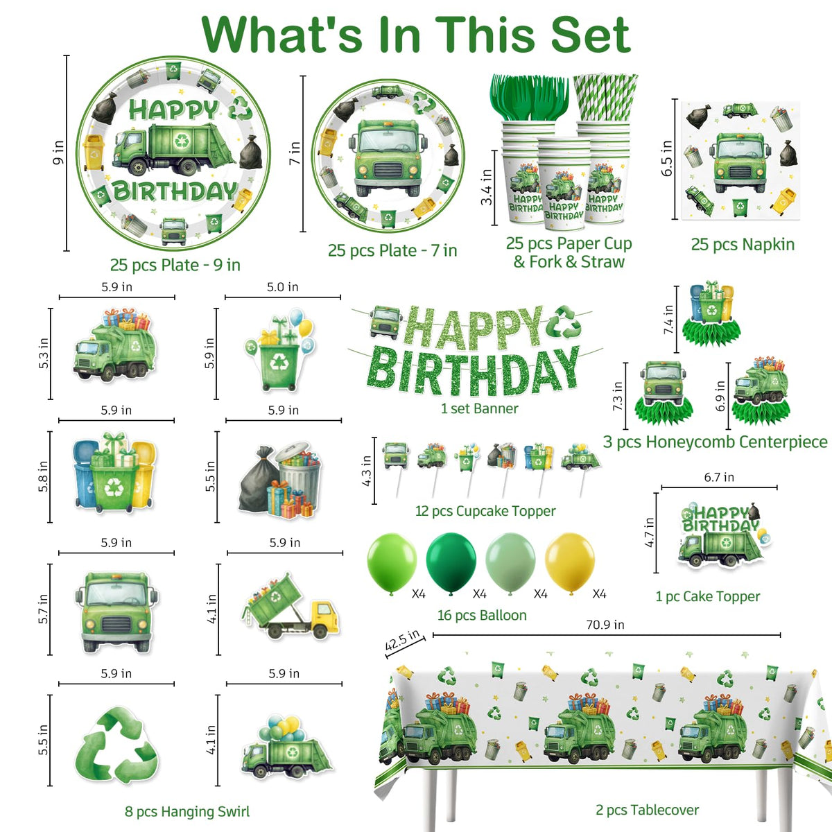 Xynic trash truck balloon set adds festive green and yellow color.