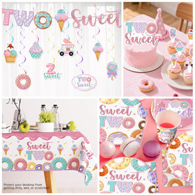 Xynic two sweet tablecloth creates a cohesive party backdrop and quick cleanup