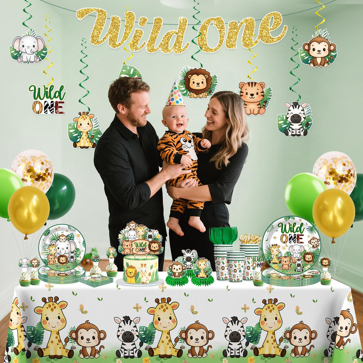 Xynic Wild One honeycomb centerpieces create a jungle focal point.