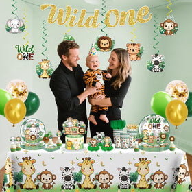 Xynic Wild One honeycomb centerpieces create a jungle focal point.