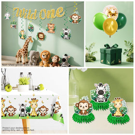 Xynic Wild One jungle tablecloth protects surfaces and ties the look.