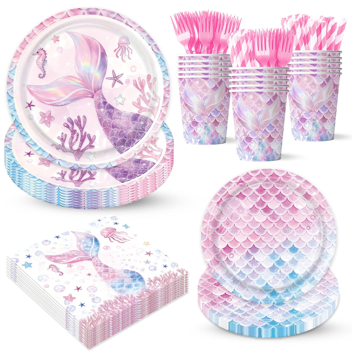 XYYXYIXIN mermaid party plates 24-piece set with sturdy, decorative design for kids' party planning