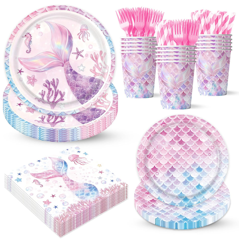 XYYXYIXIN mermaid party plates 24-piece set with sturdy, decorative design for kids' party planning