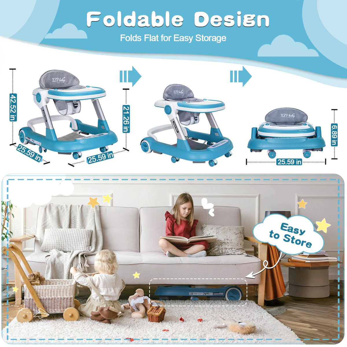XZV Baby Walker folds compactly for easy storage and travel.
