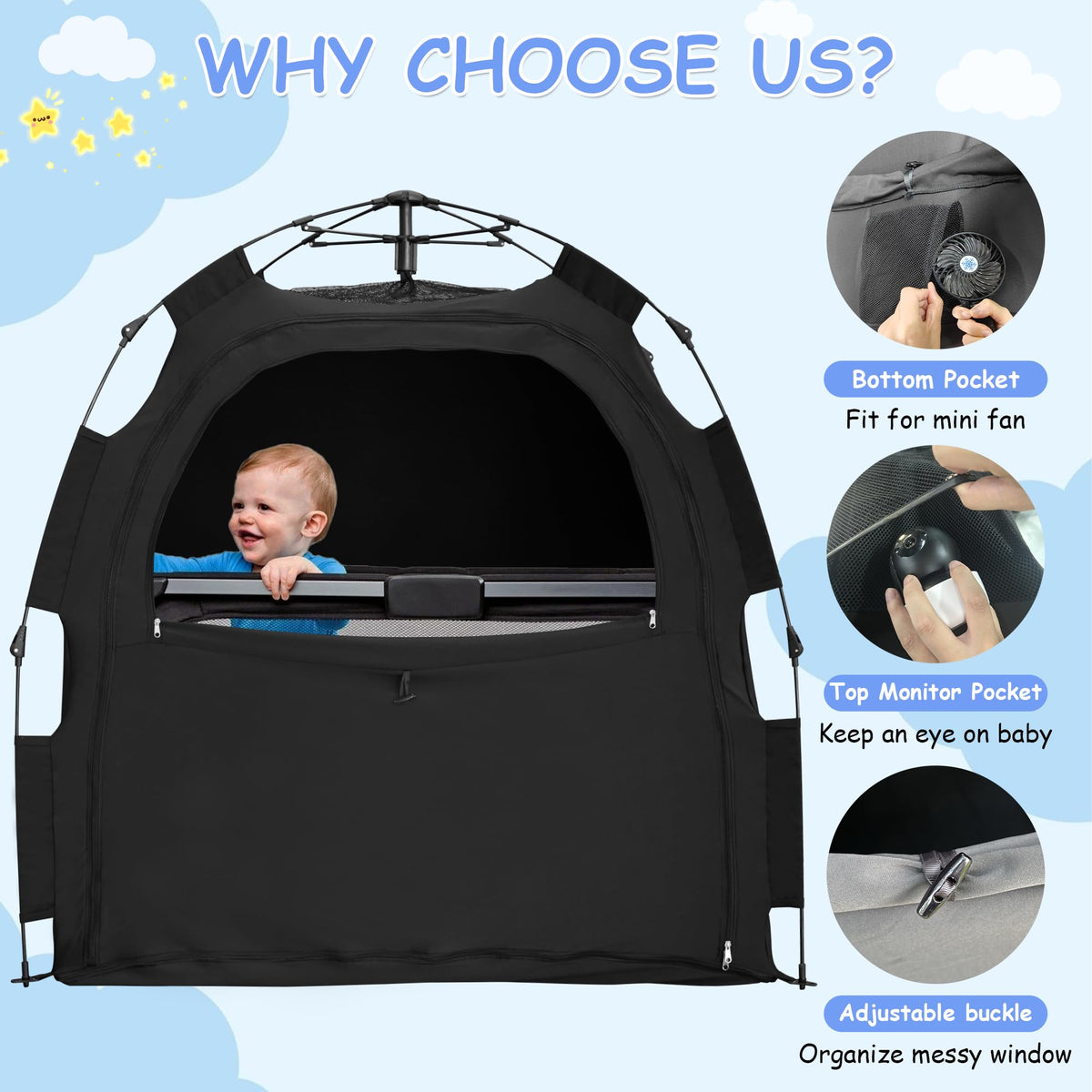 YABORAS Sleep Tent has a bottom mesh pocket for airflow around the sleep area.