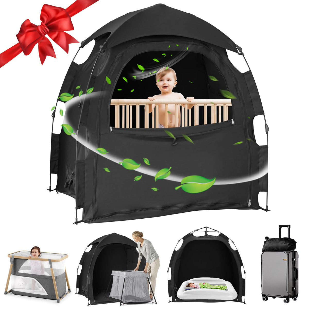 YABORAS Sleep Tent for Pack N Play shows quick, travel-ready assembly.