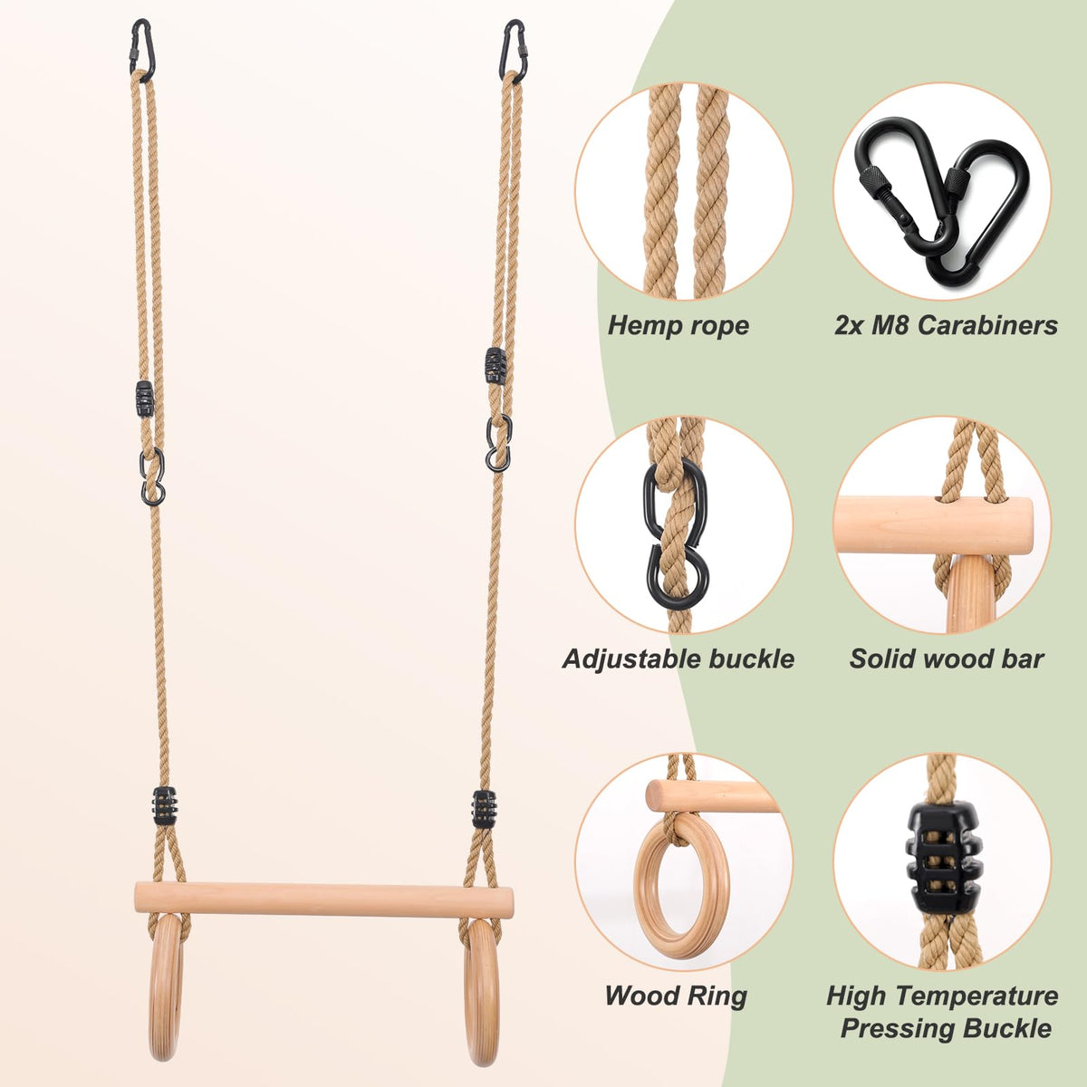 YAERSI trapeze bar ready for assembly with sturdy carabiners and rope connections.