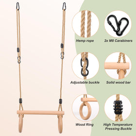 YAERSI trapeze bar ready for assembly with sturdy carabiners and rope connections.