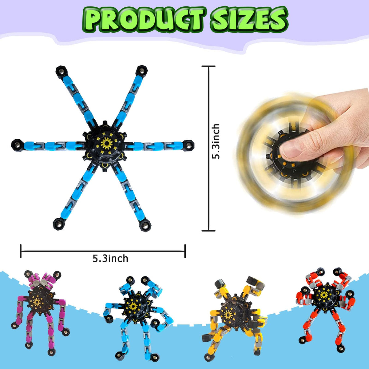 YAIUERL robot-spinner closeup reveals colorful patterns and durable construction.