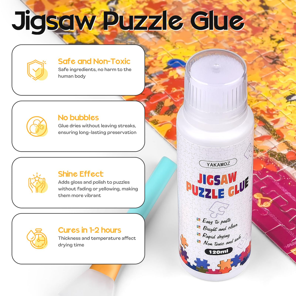 YAKAMOZ puzzle glue requires no scraper with sponge-head application.