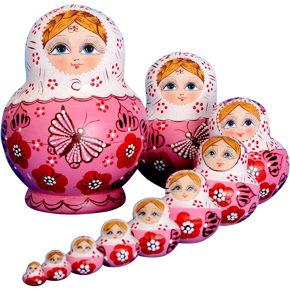 YAKELUS Russian nesting dolls 10-piece handmade set with intricate hand-painted artwork for kids' play.