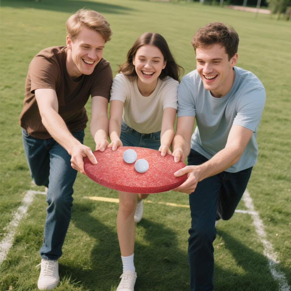 Yanacc team-building golf-ball transport on plates boosts workplace collaboration.
