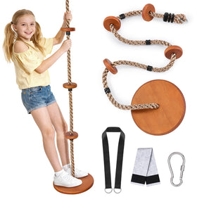 Yangbaga 2-in-1 wooden disc swing with four platforms for outdoor play and balance.