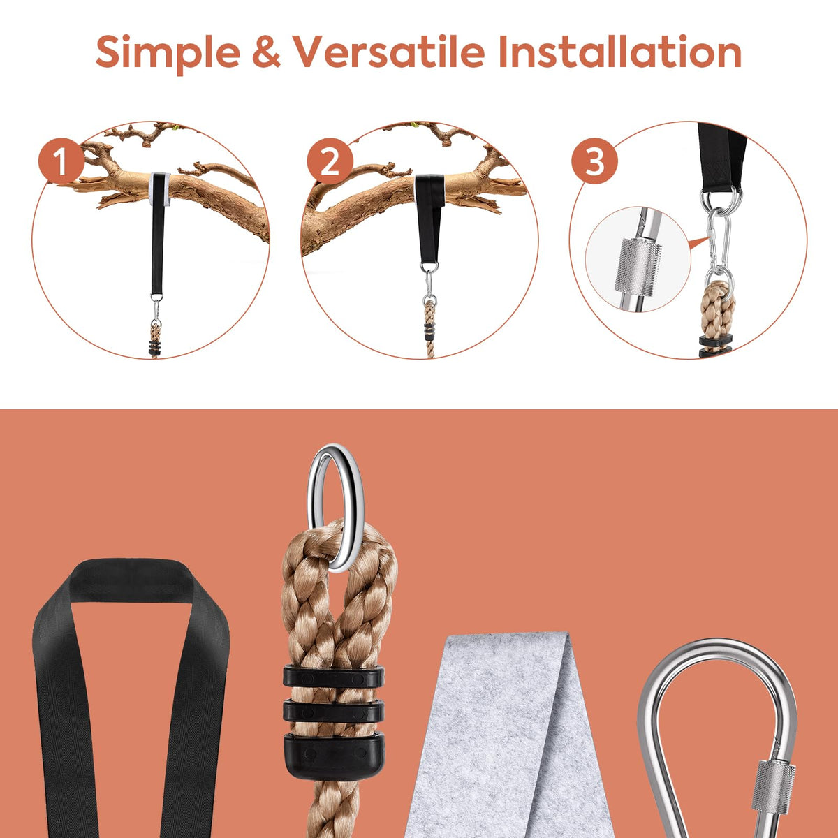Yangbaga strap and carabiner system for secure, easy swing set installation.