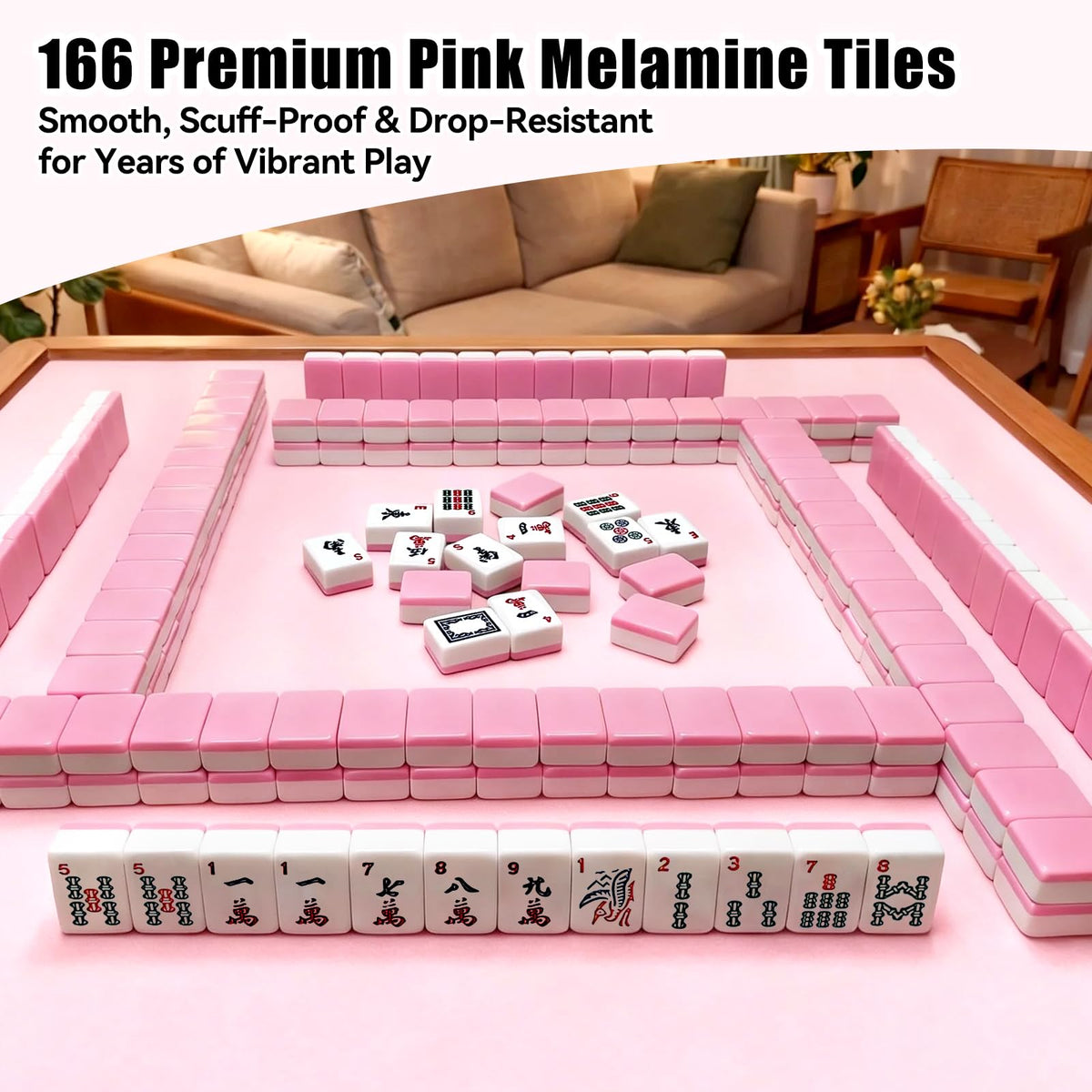 YAQUHO pink Mahjong tiles stored neatly in carrying bag
