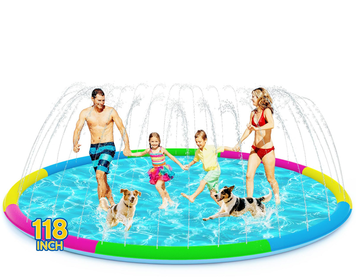 YAUNGEL 118-inch splash pad exterior ideal for family fun on sunny days.
