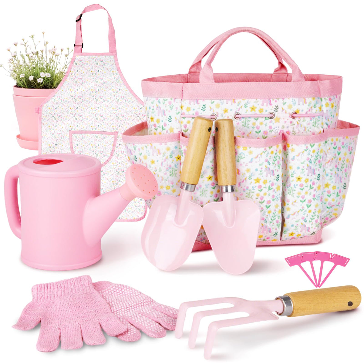YAUNGEL Kids Gardening Set wooden rake in pink, promotes outdoor play and skill building