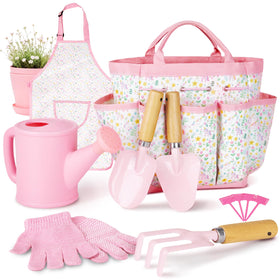 YAUNGEL Kids Gardening Set wooden rake in pink, promotes outdoor play and skill building
