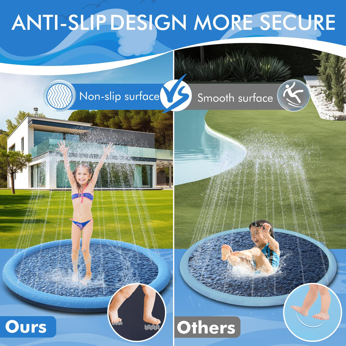 YAUNGEL 97-inch splash pad side view showing large play area for kids