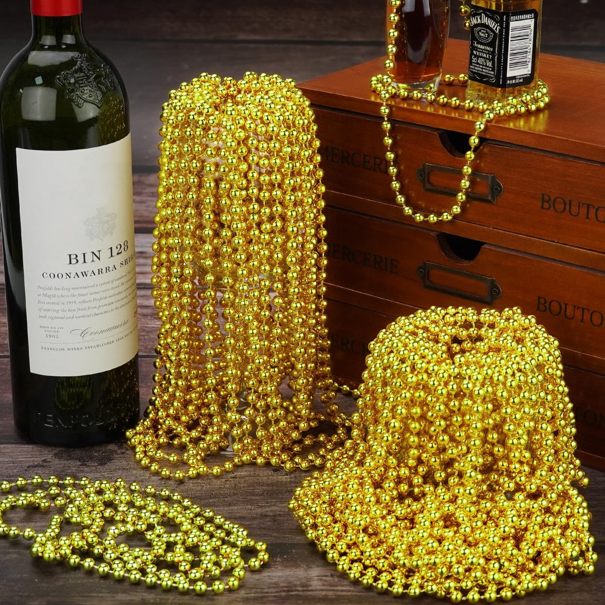 YAXINRUI 33 inch gold bead necklace laid flat for parades