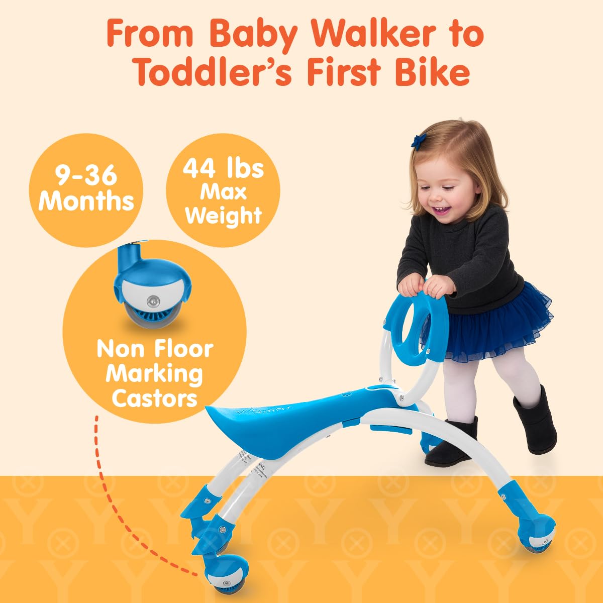 YBIKE Pewi 360-degree wheels allow smooth, safe movement on various floors.