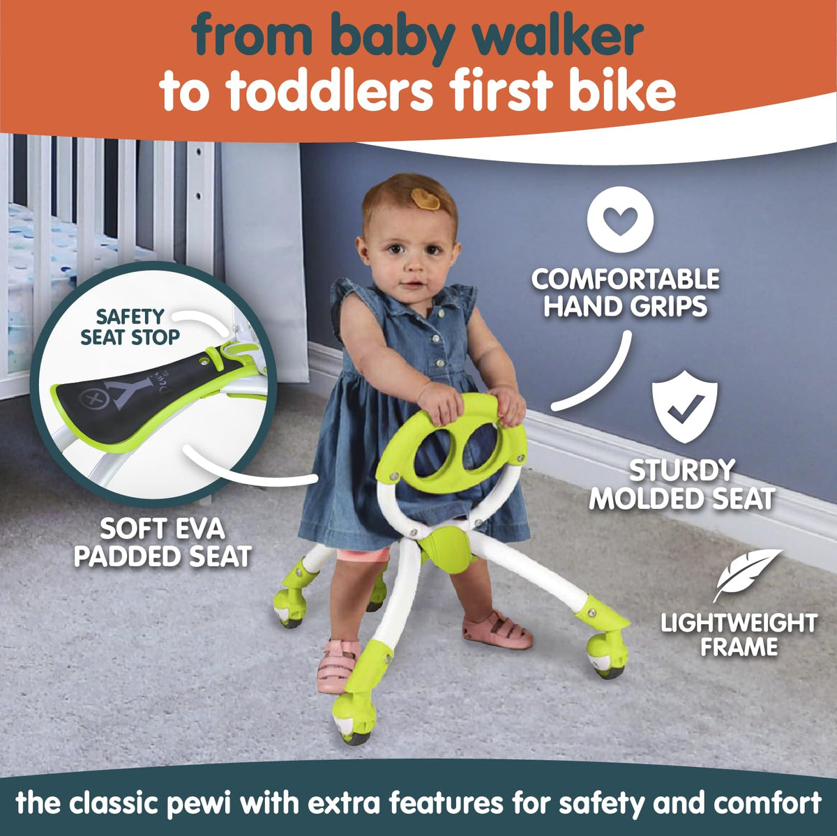 YBIKE Pewi Elite ride-on seat enables gentle pushing and steering for toddlers