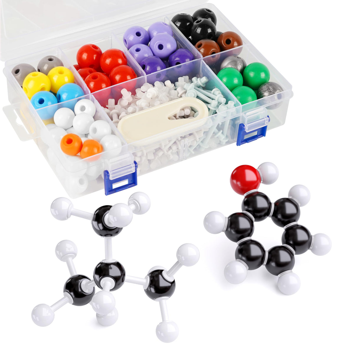 YCHOULEK molecular model kit components laid out for quick setup and visual learning.