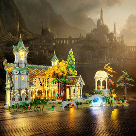 YEABRICKS Rivendell LED lighting close-up shows warm glow for enhanced display