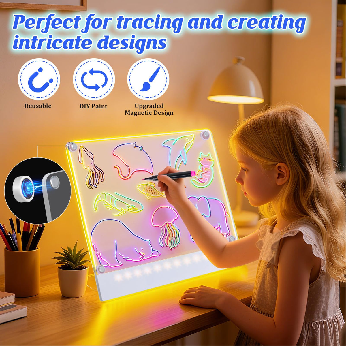 Yecuip Lumi Board rechargeable battery enables cordless drawing sessions.