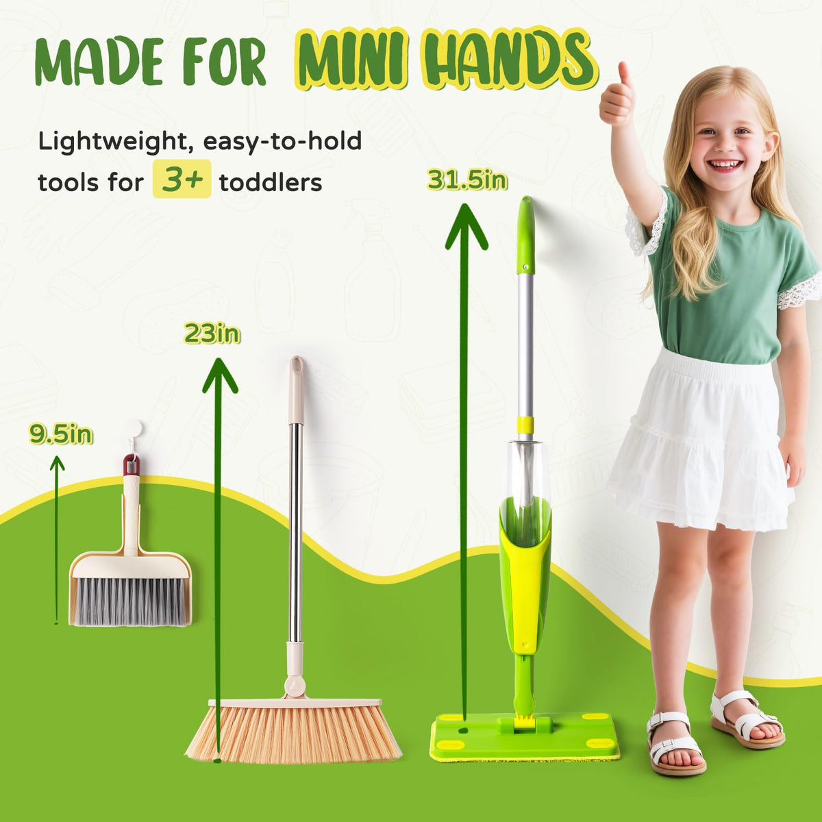 Yeeammk dustpan set; easy for little hands to scoop up play mess.
