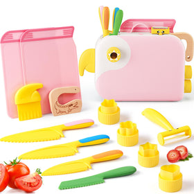 Yeeammk Montessori toddler kitchen tools in pink bird storage box for organized pretend cooking.