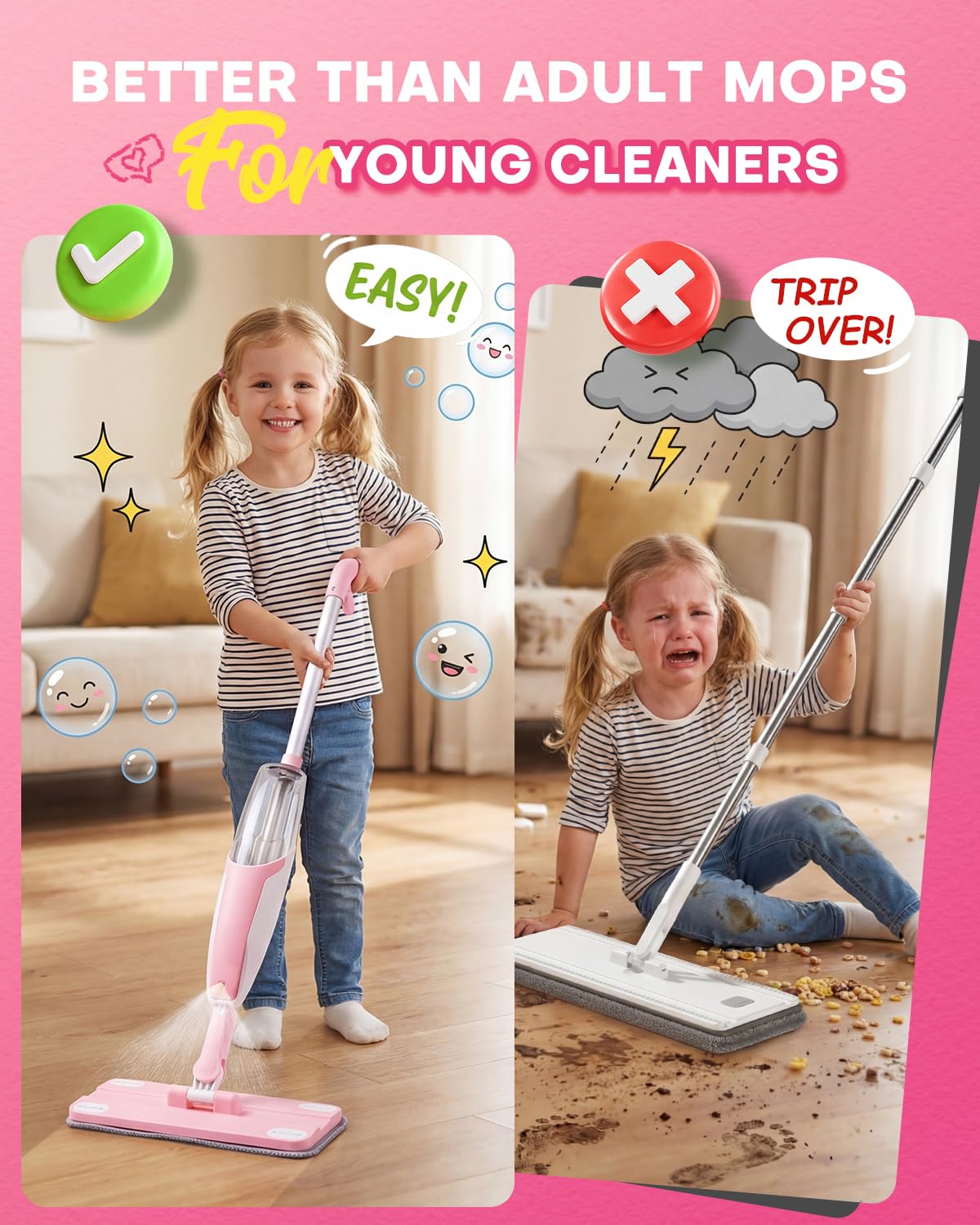 Yeeammk pink mini spray mop demonstrates real spray action for pretend cleaning.