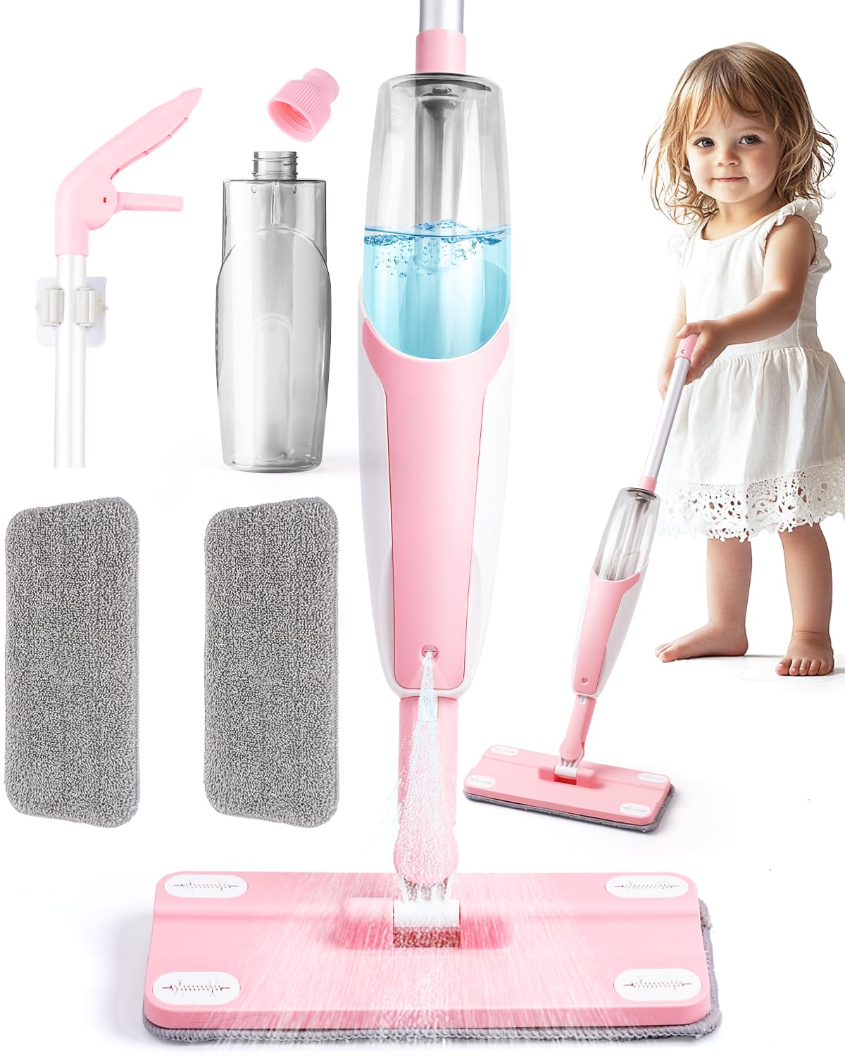 Yeeammk pink mini spray mop for toddler hands practicing fine motor skills.