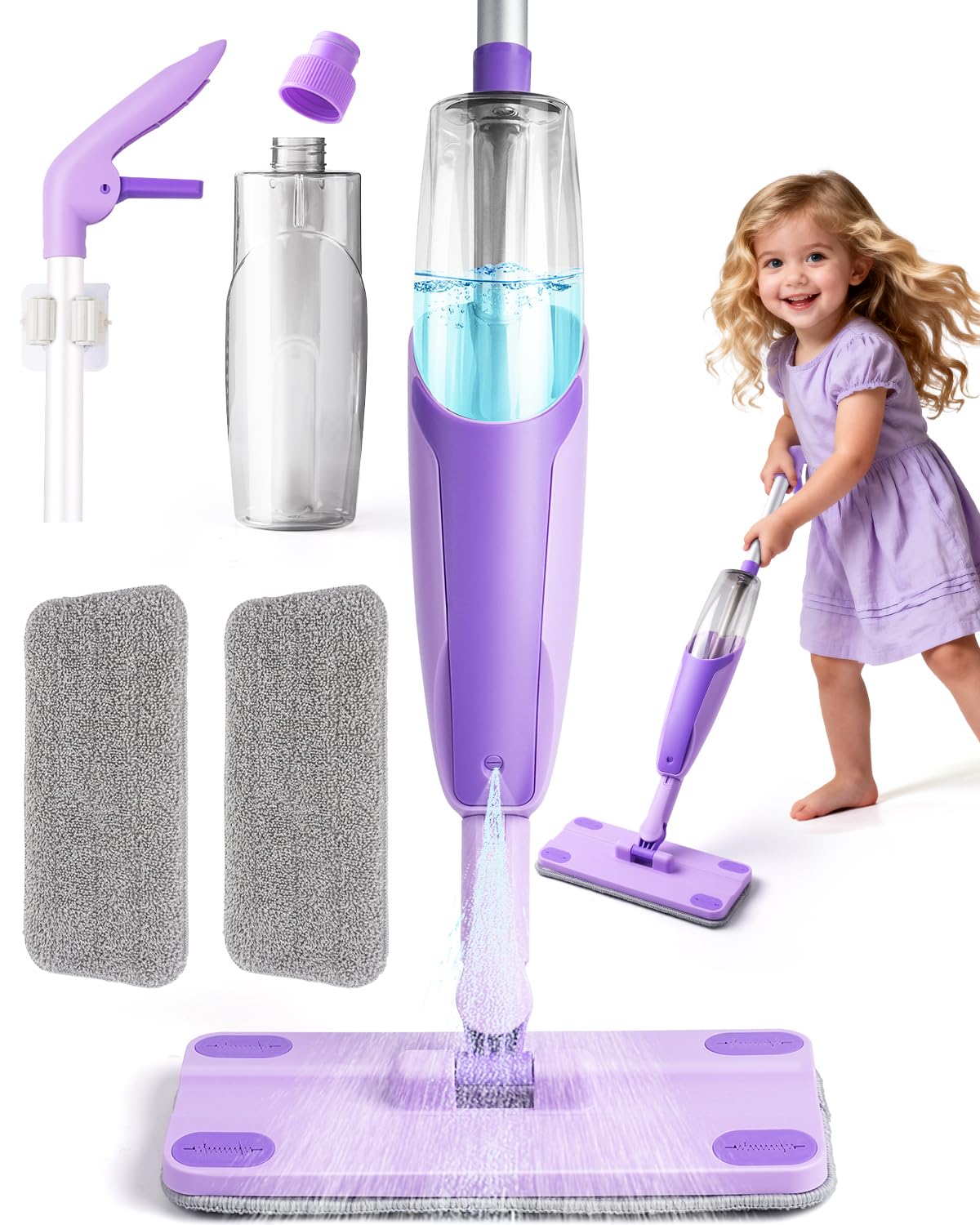 Yeeammk Purple Mini Spray Mop; toddler grips for easy play cleaning.